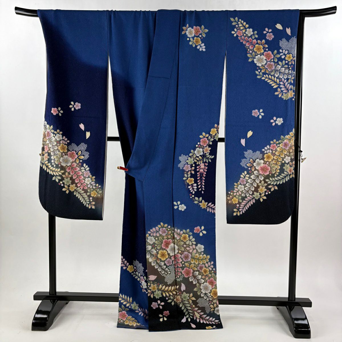 【美品】振袖禮服 身長170.5cm 袖長71cm L 雙層 徳永憲峯 落款あり 辻花染 疋田 金銀彩 青 純蠶絲 逸品級