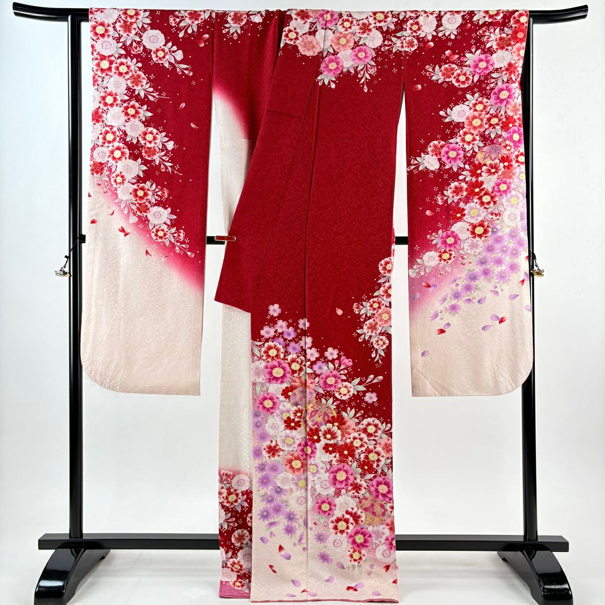振袖禮服 身長171.5cm 袖長67cm M 雙層 手鞠 櫻花 金銀彩 紅 純蠶絲 逸品級