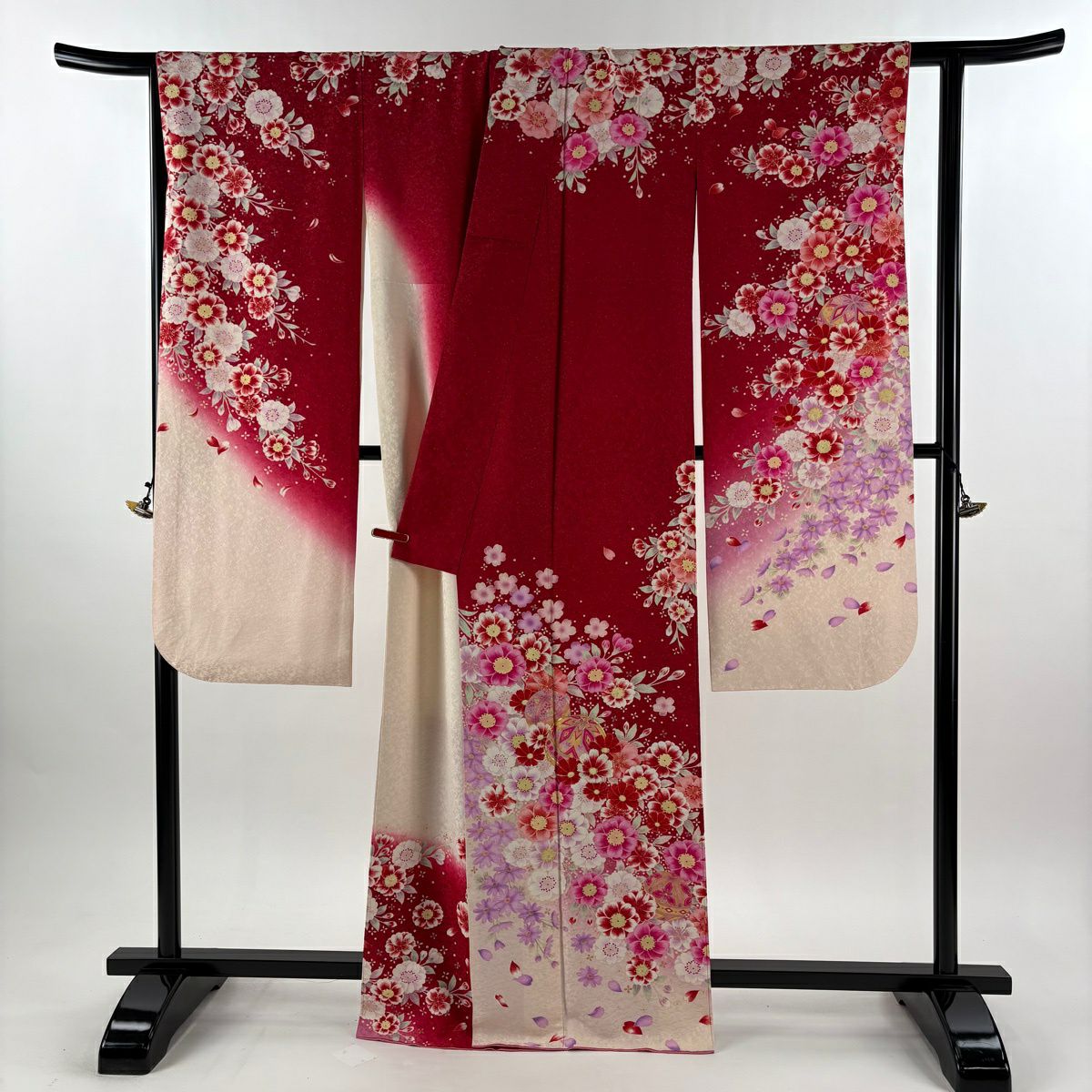 振袖禮服 身長166.5cm 袖長65.5cm M 雙層 手鞠 草花紋紋 銀通 金糸 紅 純蠶絲 逸品級