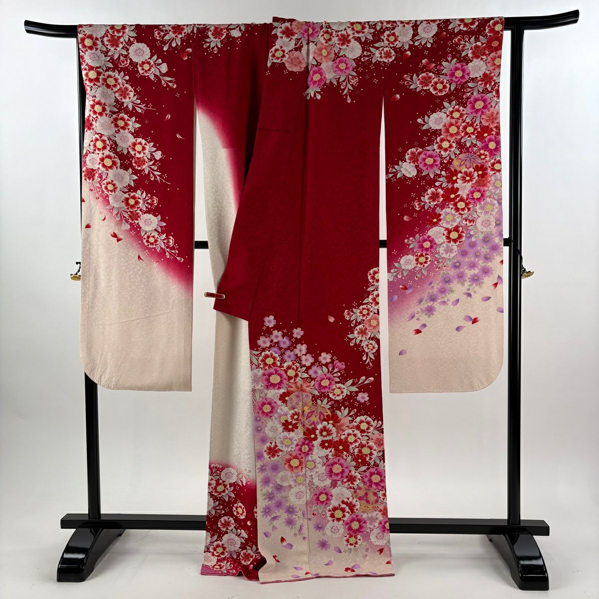 振袖禮服 身長170.5cm 袖長68cm L 雙層 手鞠 草花紋紋 金銀彩 紅 純蠶絲 逸品級