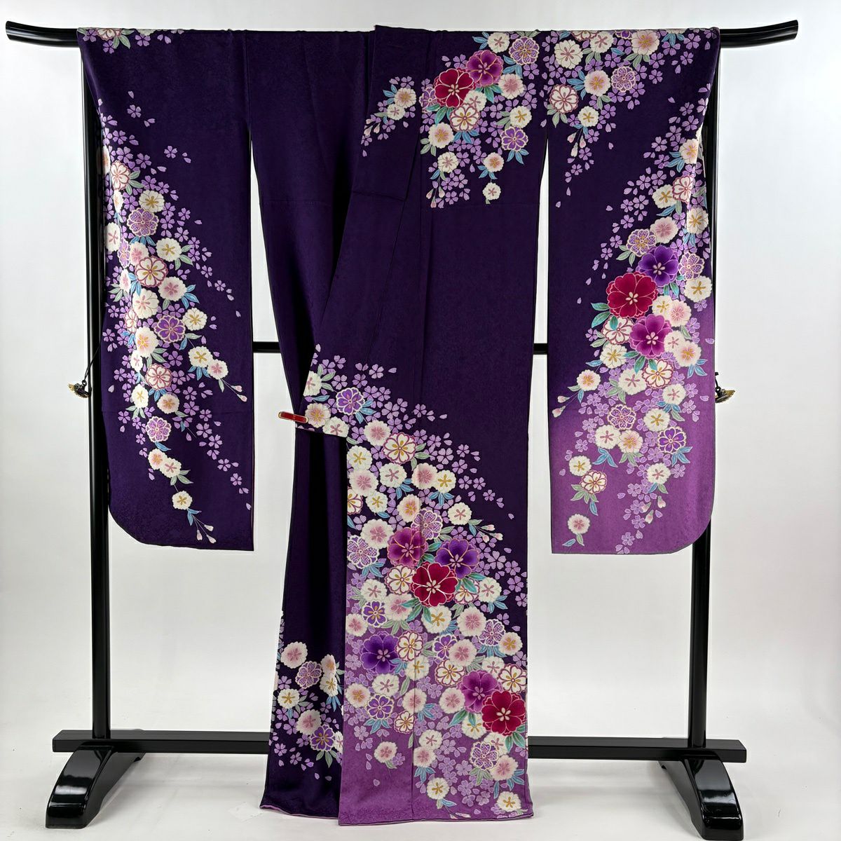 【美品】振袖禮服 身長167cm 袖長70cm L 雙層櫻花瓣 金銀線 金銀彩 深紫 純蠶絲 逸品級
