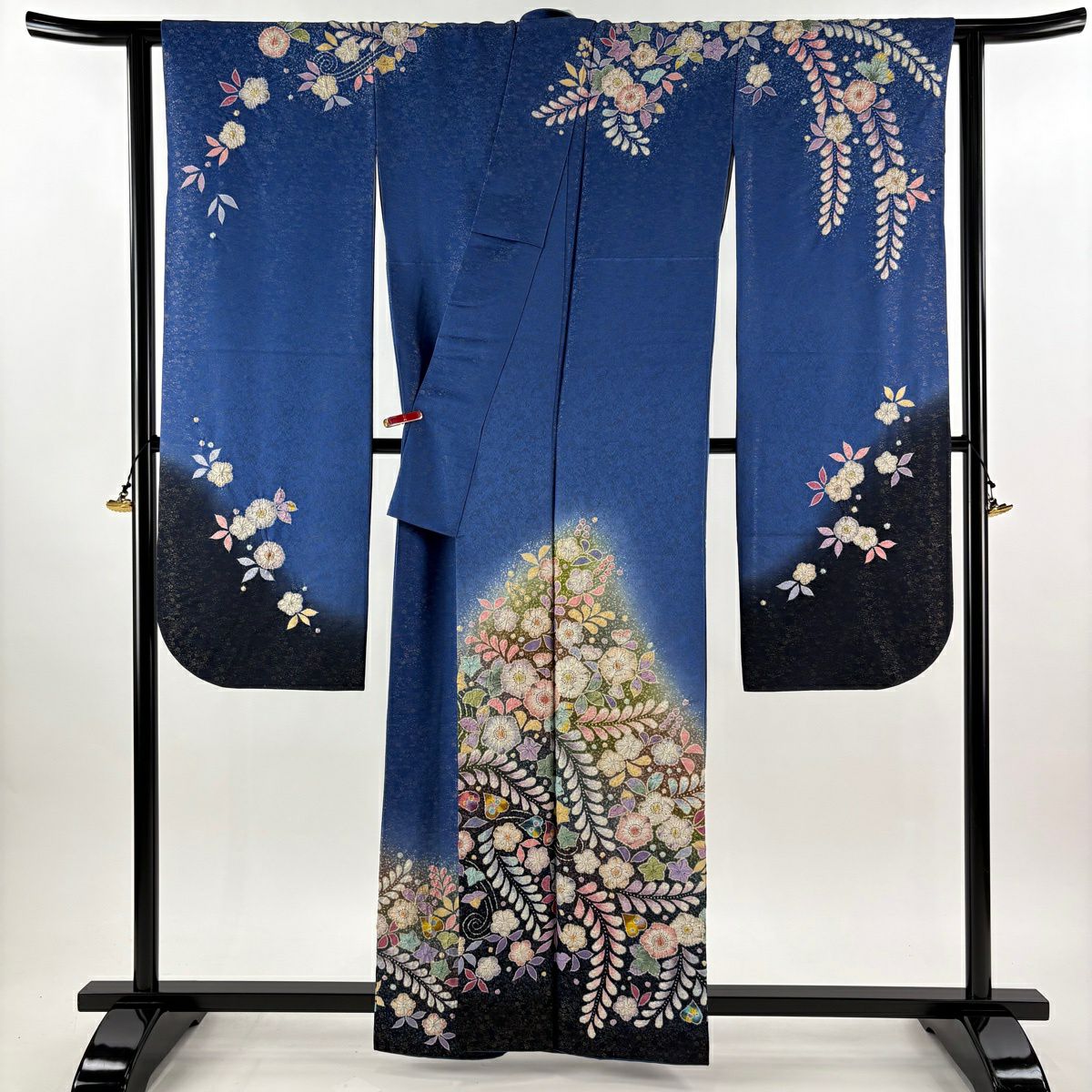 【美品】振袖禮服 身長160.5cm 袖長65cm M 雙層 徳永正峰 落款あり 辻花染 金銀彩 ぼかし 青 純蠶絲 逸品級