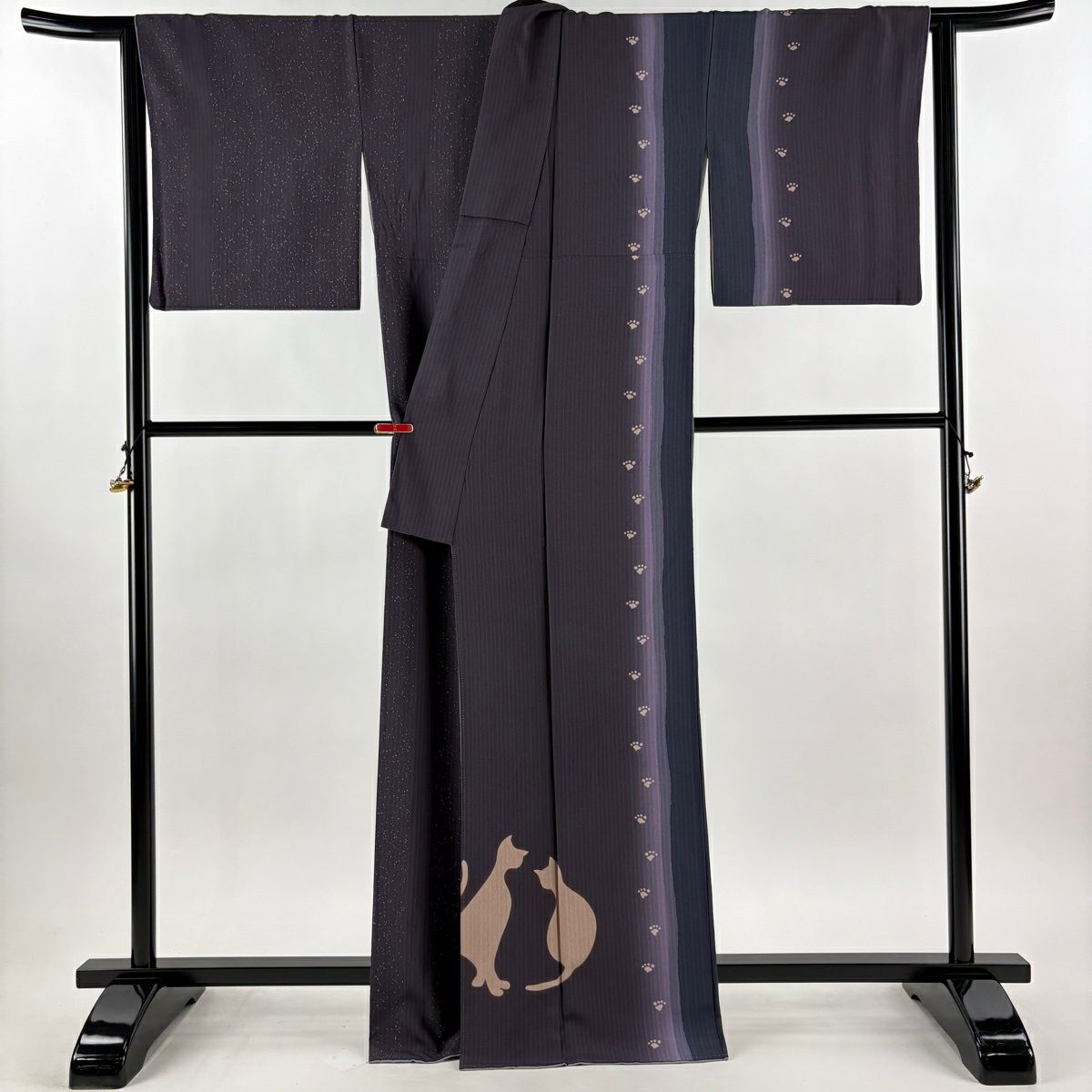 付下 身長168cm 袖長68.5cm L 雙層 小宮山彌一 落款あり 貓 肉球 深紫 純蠶絲 逸品級
