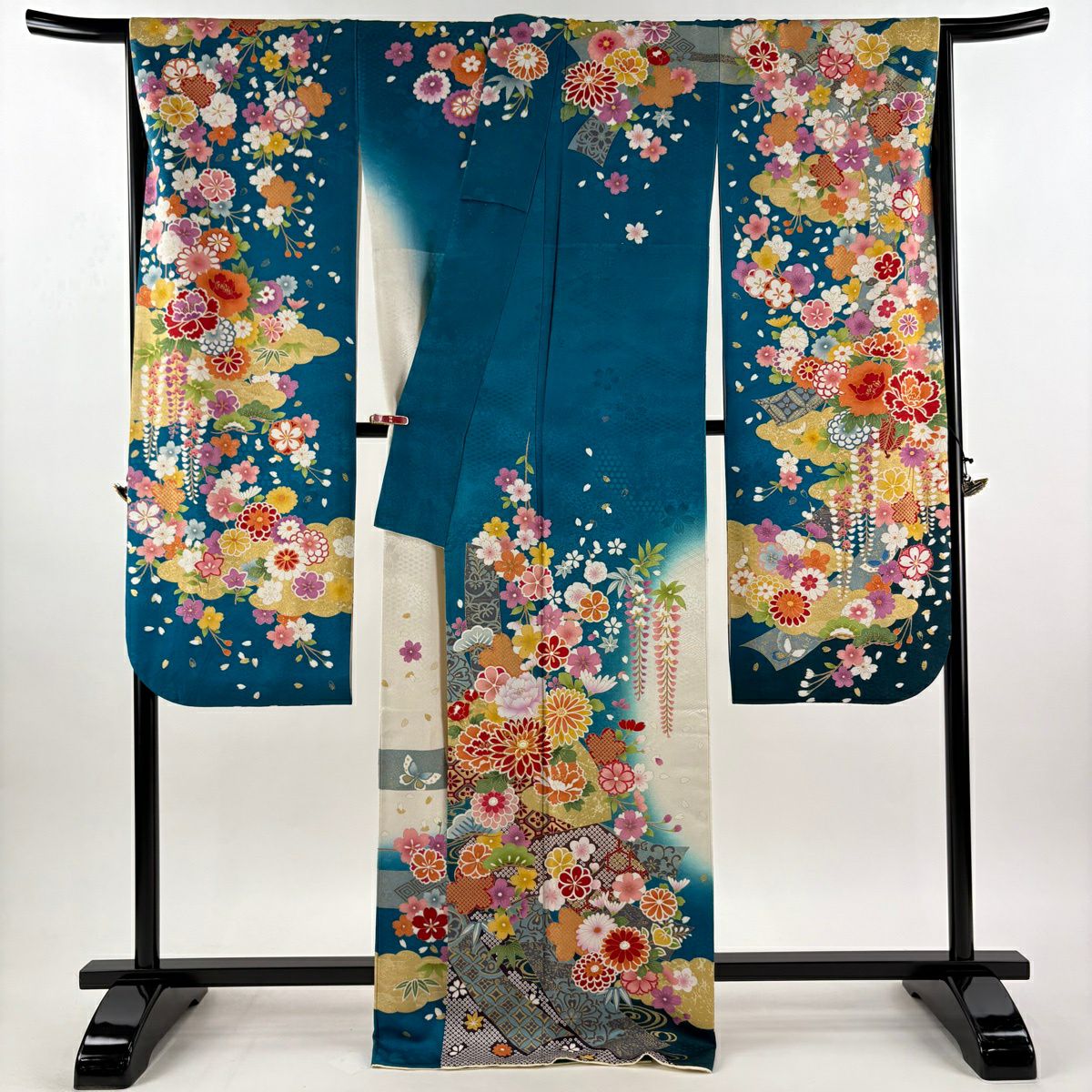 振袖禮服 身長171cm 袖長70cm L 雙層 草花紋紋 熨斗紋 銀通刺繡 青綠 純蠶絲 逸品級