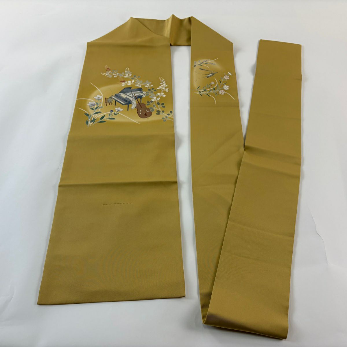 名古屋帶 逸品級 鹽瀬 樂器 秋草紋 金銀彩 淺黃土 純蠶絲