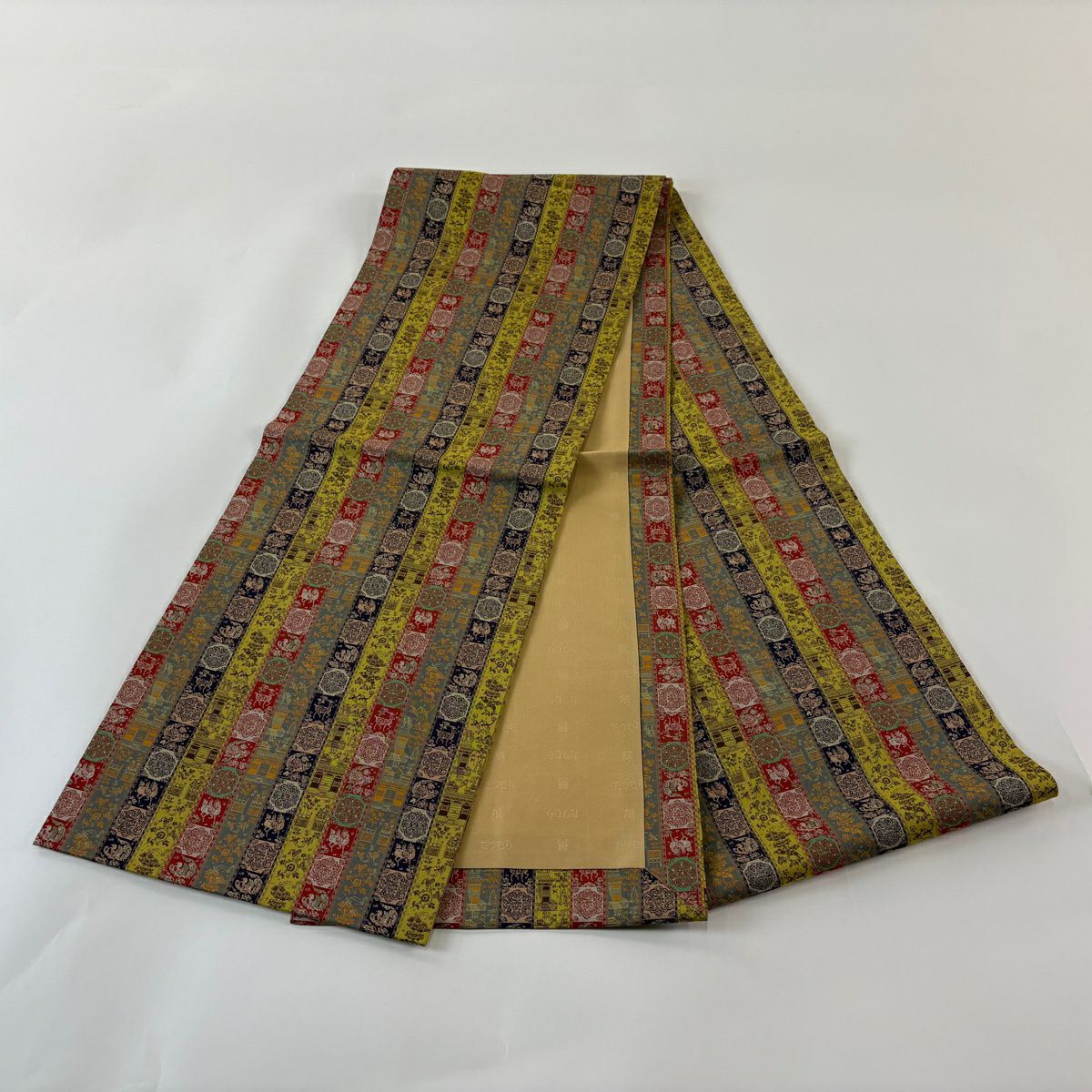 【美品】 開口名古屋帶 逸品級 龍村美術織物 比翼仕立 雉 建築物 金絲 芥末色 純蠶絲