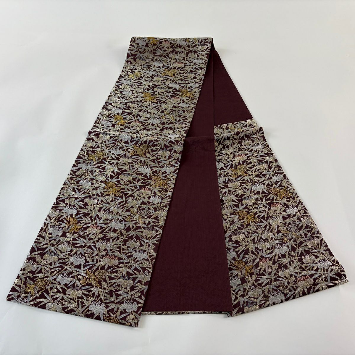 【美品】 袋帶 逸品級 紋屋井關 落款 鳥 桐 金絲 茶紫 六通 純蠶絲