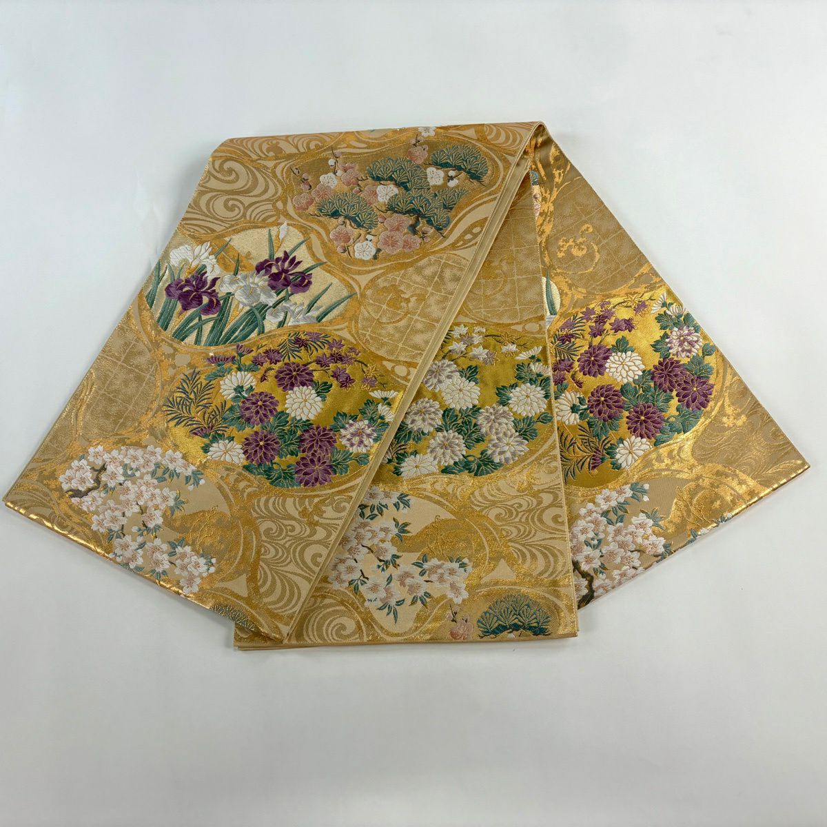 【美品】 袋帶 逸品級 じゅらく 落款あり 帝王紫 菊花 松樹梅花 金絲 金金箔 金 六通 純蠶絲