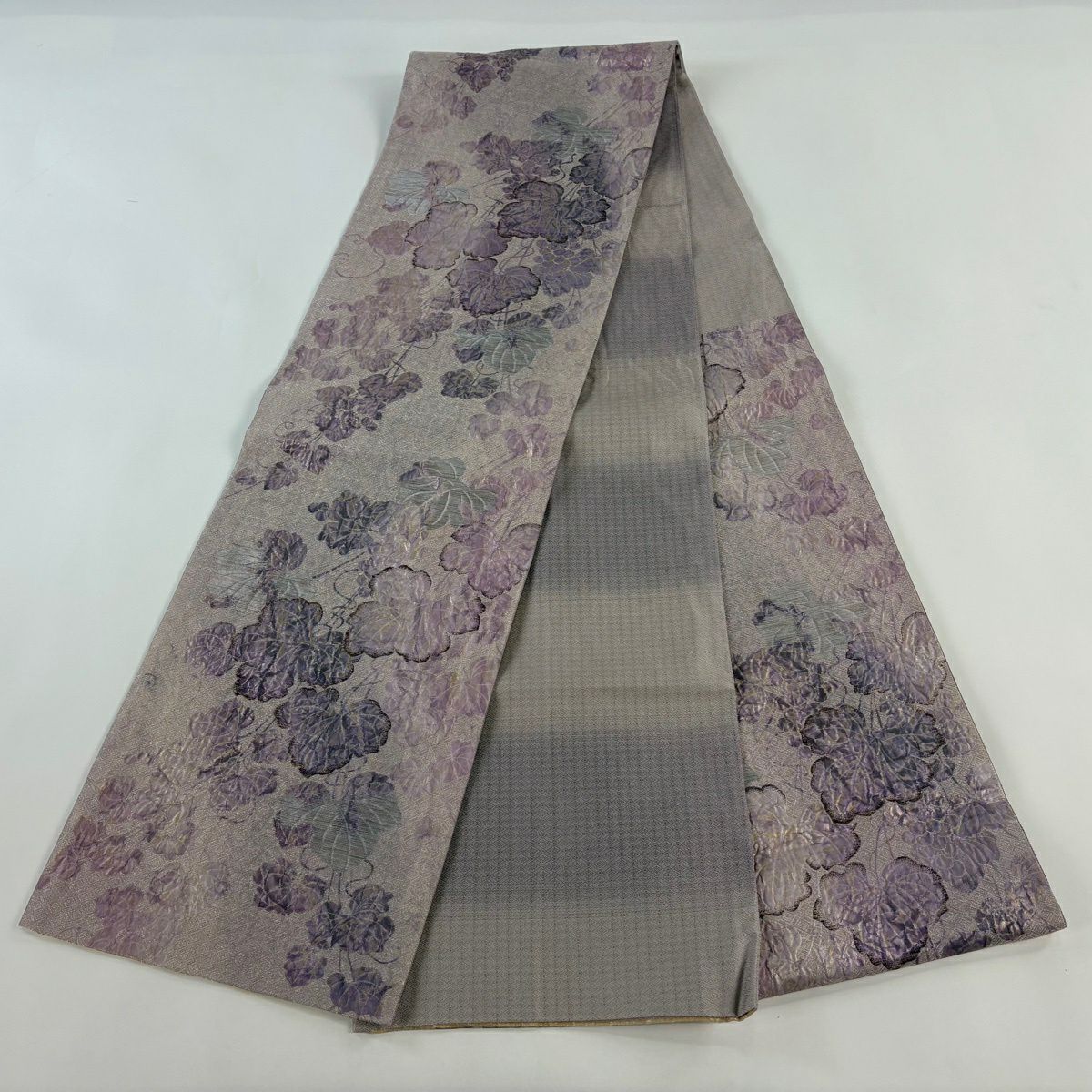 【美品】 袋帶 逸品級 蔦 金銀彩 金金箔 淺紫 六通 純蠶絲