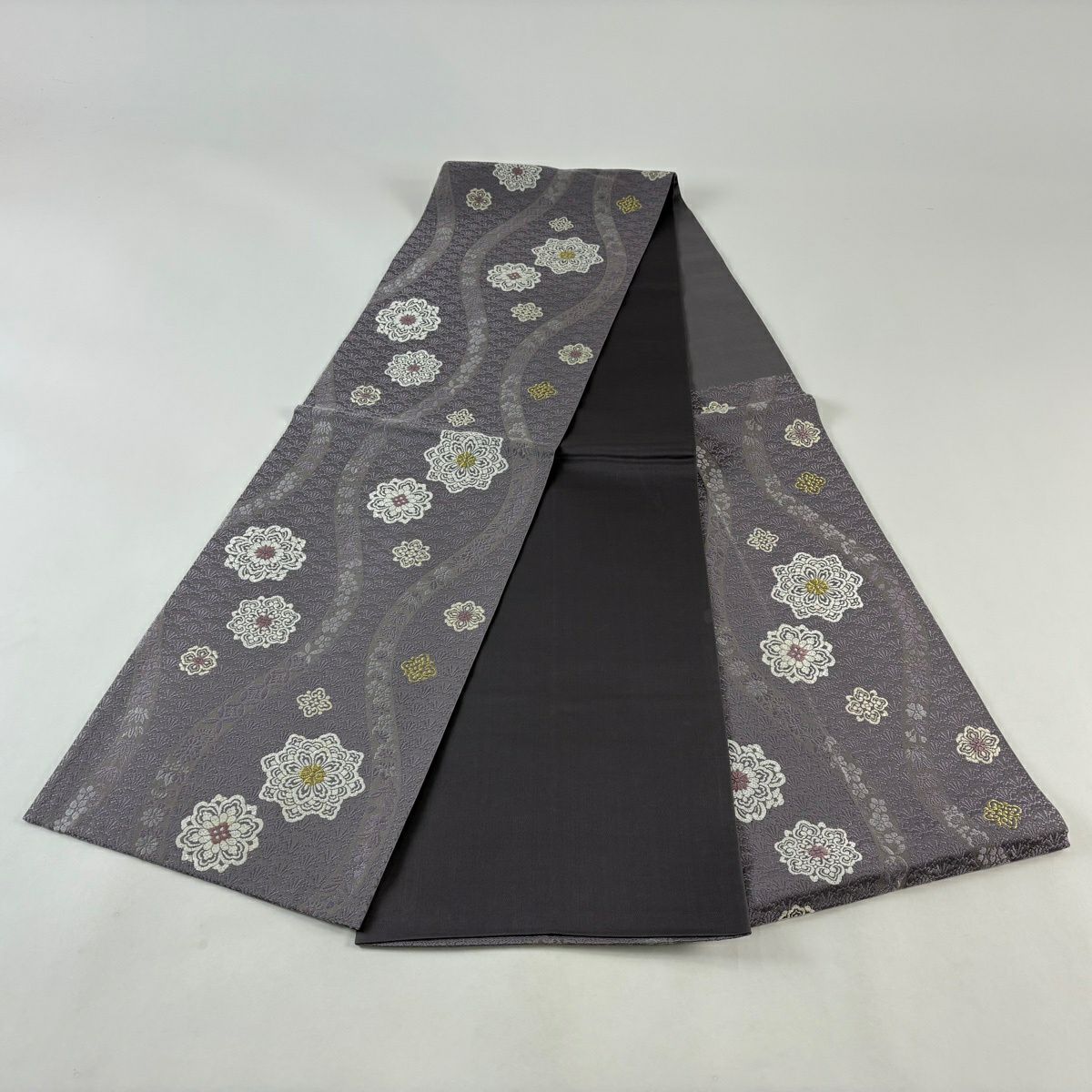 袋帶 秀品級 立涌 華紋 刺繡 金絲 灰紫 六通 純蠶絲