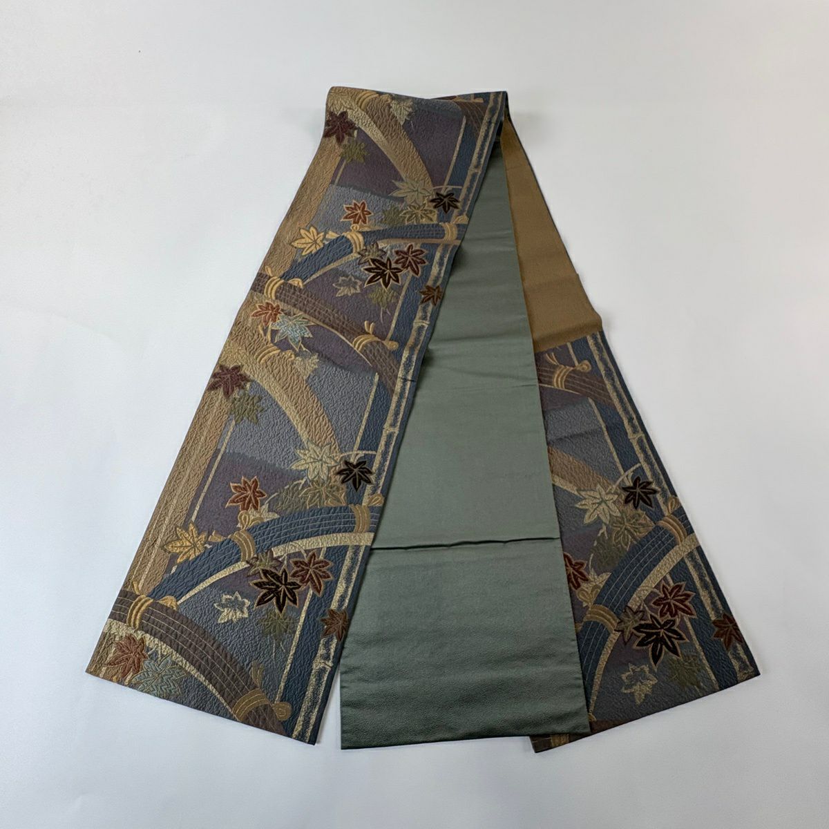 【美品】 袋帶 秀品級 楓 金絲 金金箔 青灰 六通 純蠶絲
