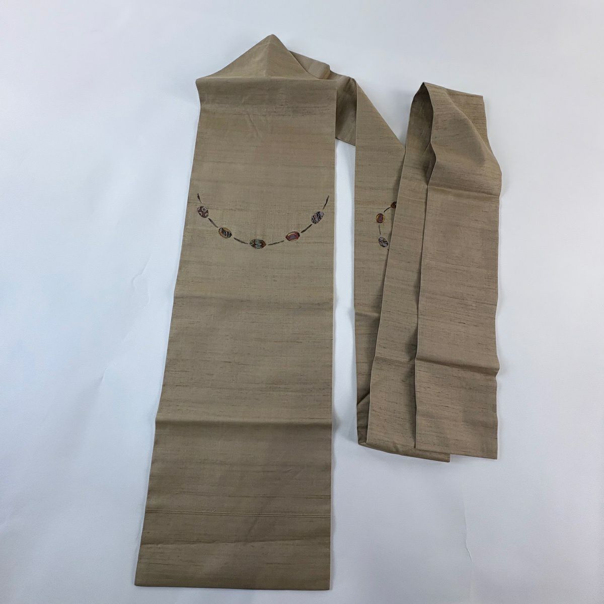 【美品】名古屋帶 秀品級 紬織織 幾何圖案 淺茶 純蠶絲