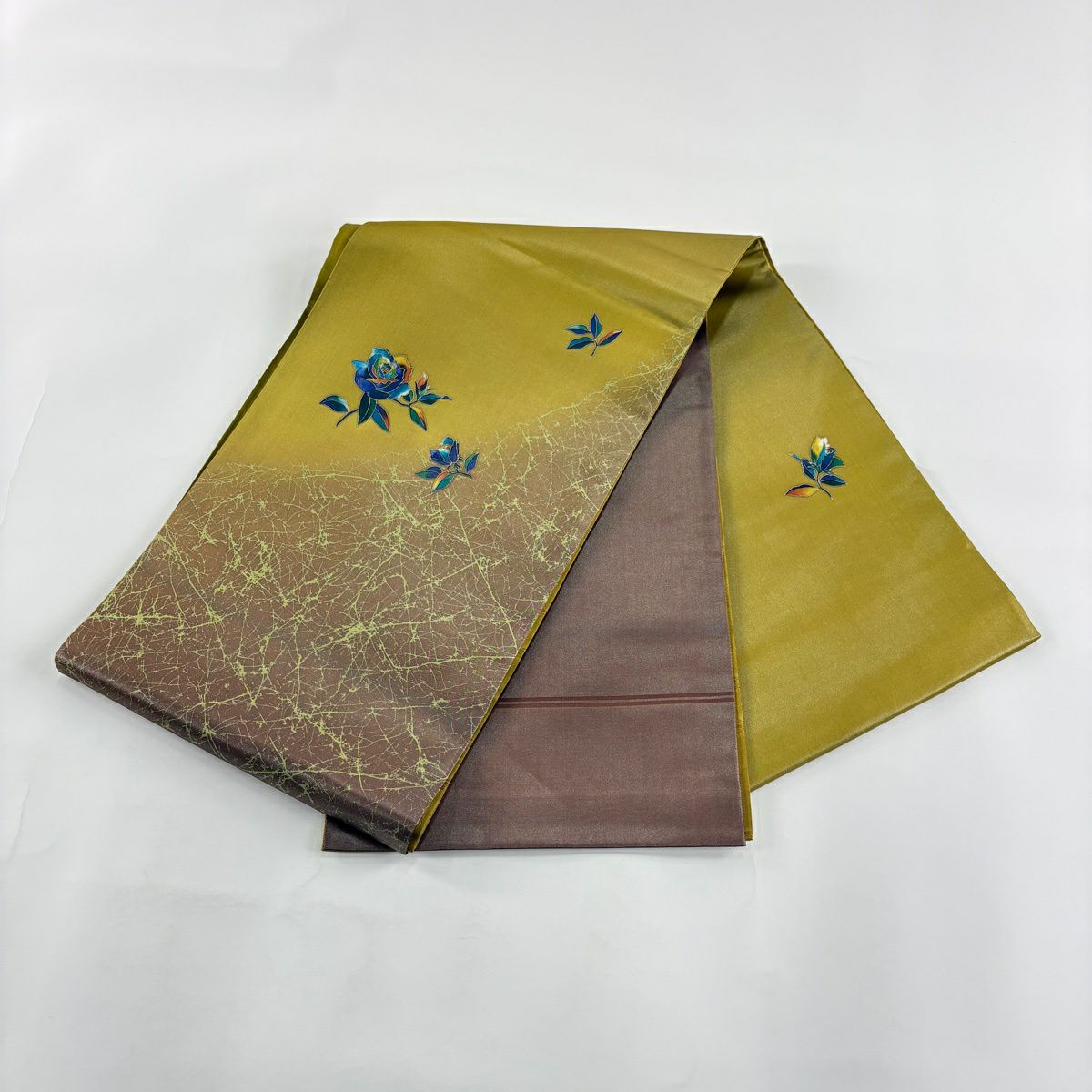 【美品】 袋帶 秀品級 薔薇 金金箔 金銀彩 黃土 深色 お太鼓圖案 純蠶絲