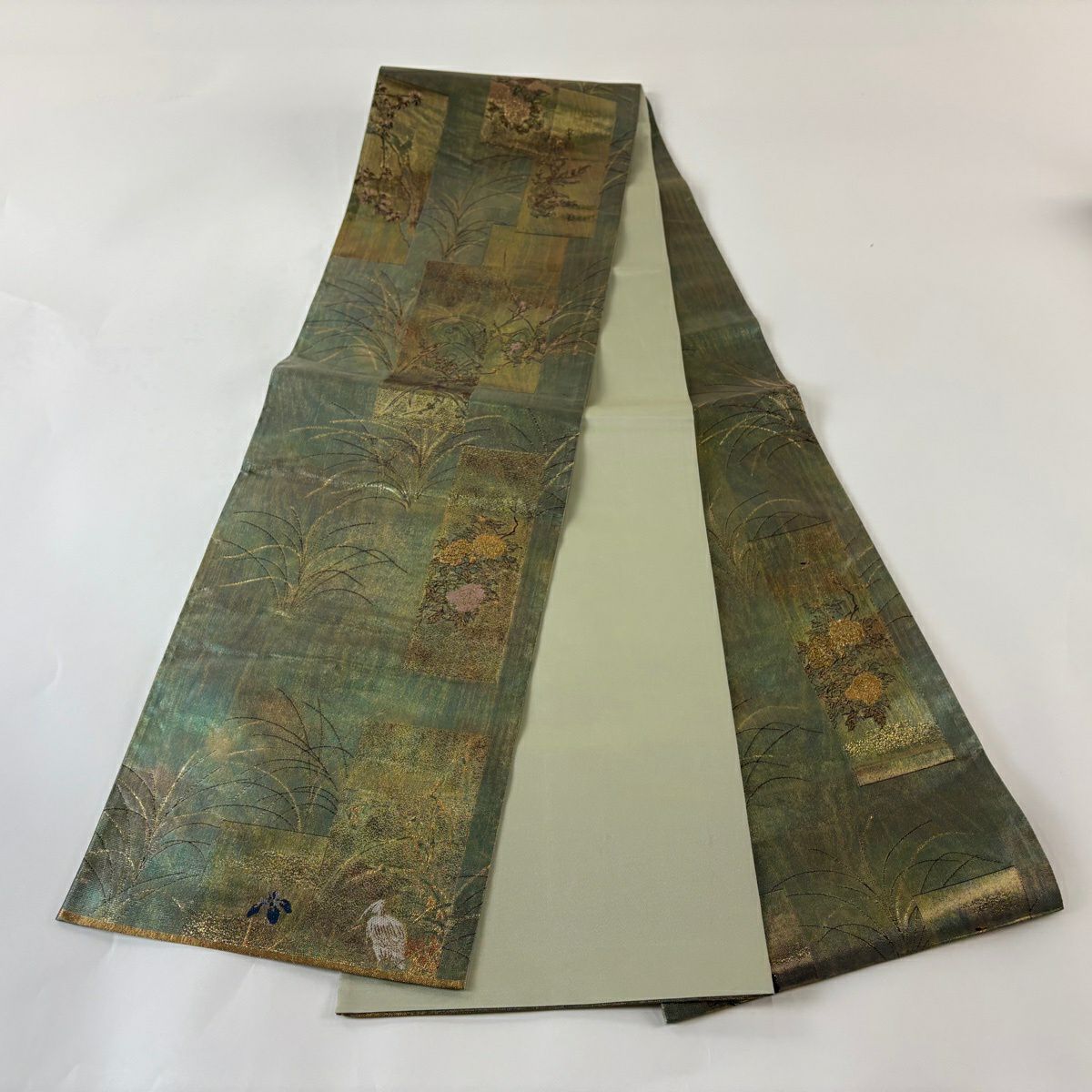 袋帶 秀品級 短冊 花鳥 金絲 金金箔 灰綠 お太鼓圖案 純蠶絲