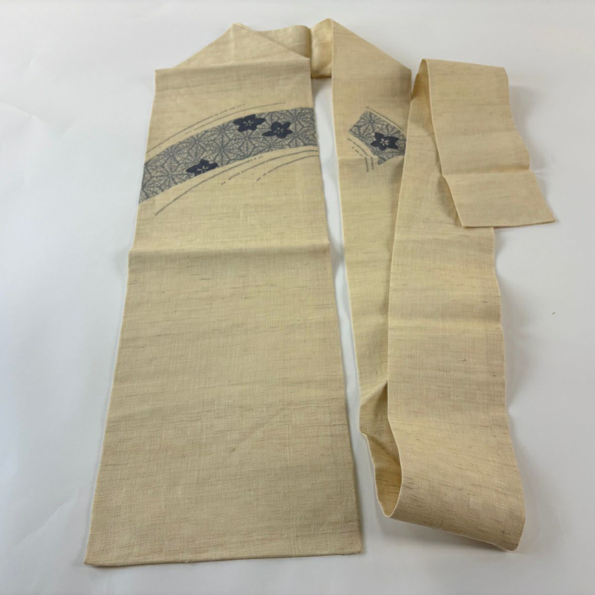 名古屋帶 秀品級 夏帶 花 麻葉 米色 純蠶絲