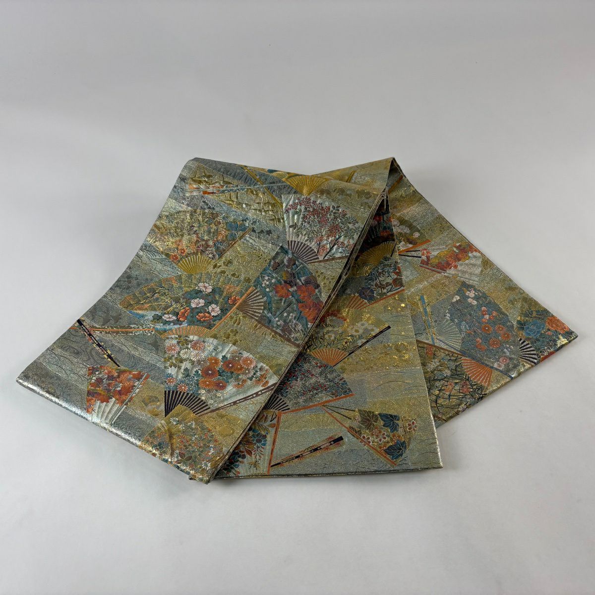 【美品】 袋帶 秀品級 琳派十六華扇子 扇子 秋草 金金箔 金絲 金色 六通 純蠶絲