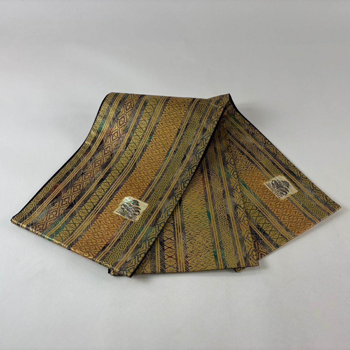 【美品】 袋帶 秀品級 草花紋紋 縞紋 金銀彩 螺鈿 墨色 大鼓圖案 純蠶絲