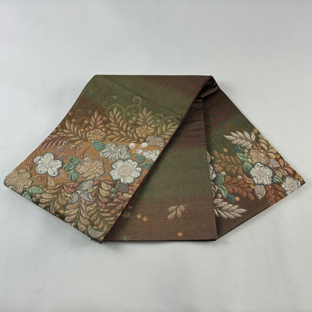 【美品】 袋帶 秀品級 草花紋 金糸 金金箔 茶 純蠶絲