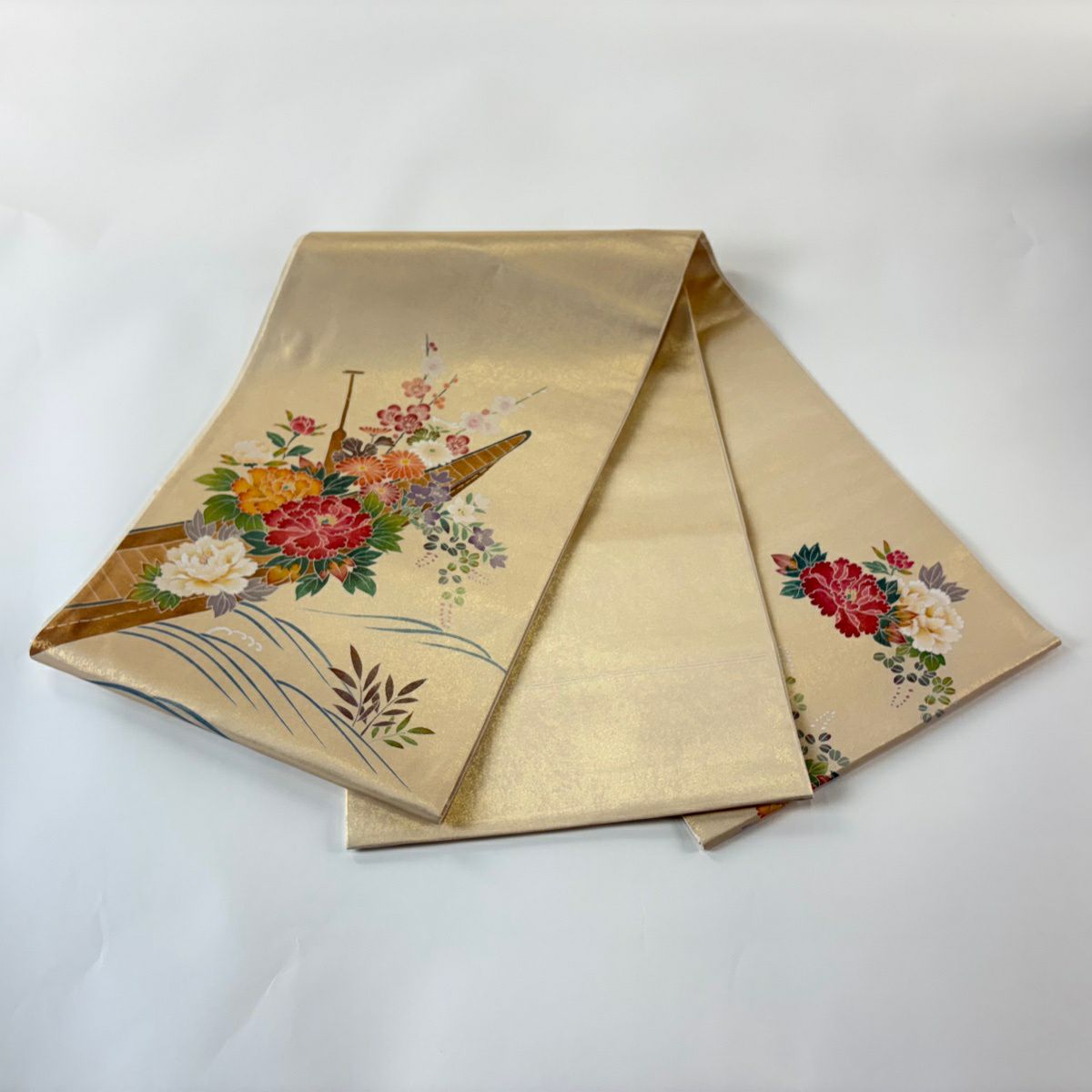 【美品】 袋帶 秀品級 舟 草花紋 金金箔 金色 お太鼓圖案 純蠶絲