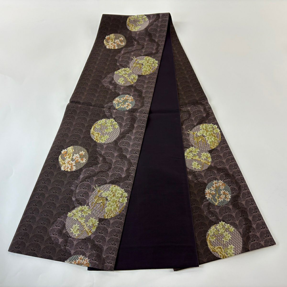 【美品】 袋帶 秀品級 鹿 楓 金絲 焦茶 六通 純蠶絲