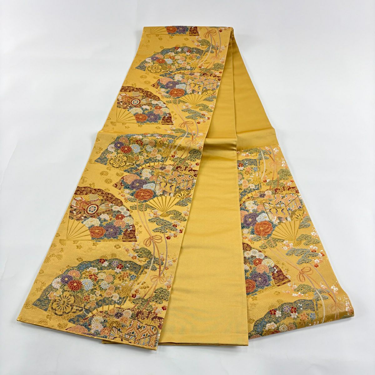 【美品】 袋帶 秀品級 扇子面散文 扇子 草花紋 金絲 金金箔 山吹 深藍 六通 純蠶絲