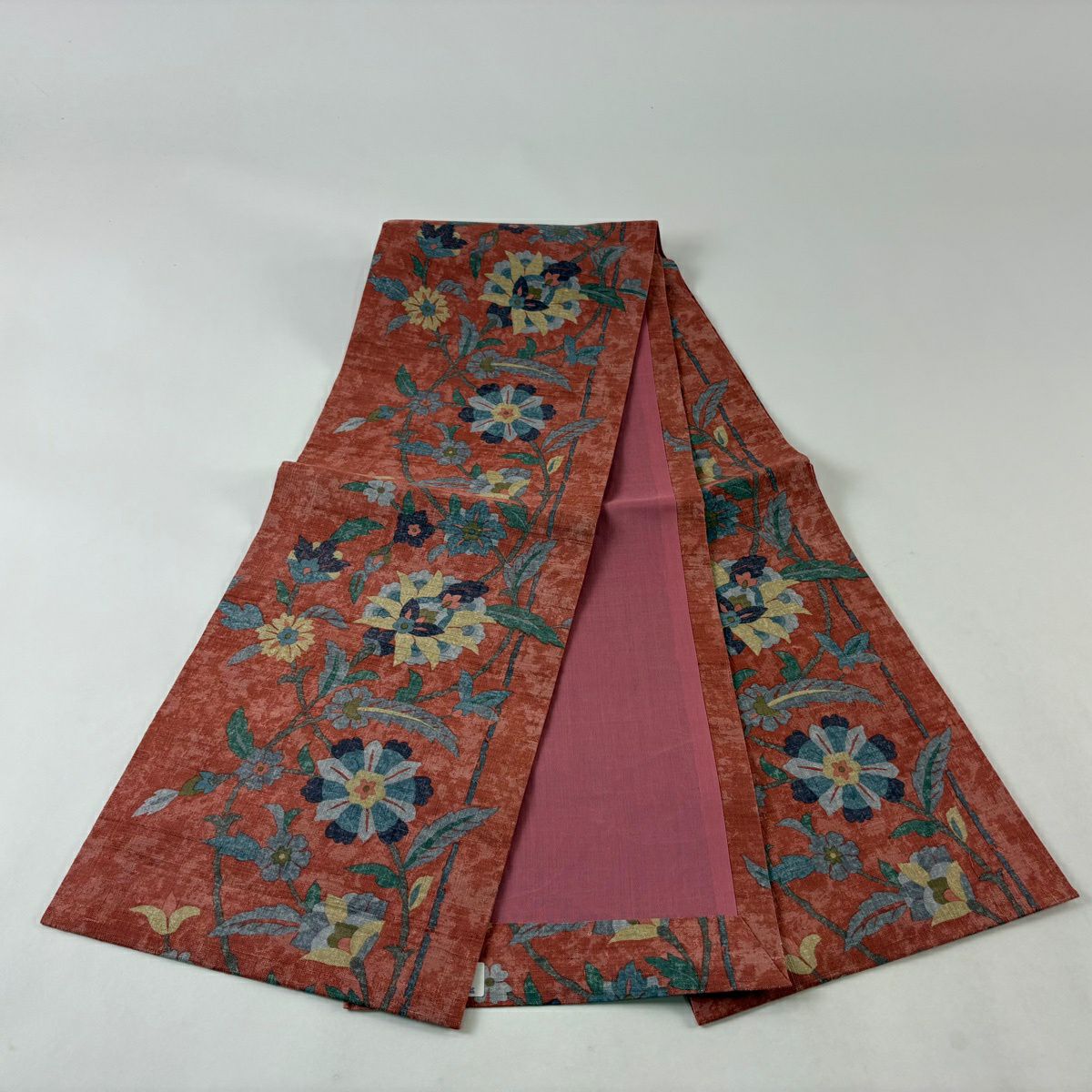 【美品】 開口名古屋帶 優品級 草花紋 紅茶 純蠶絲