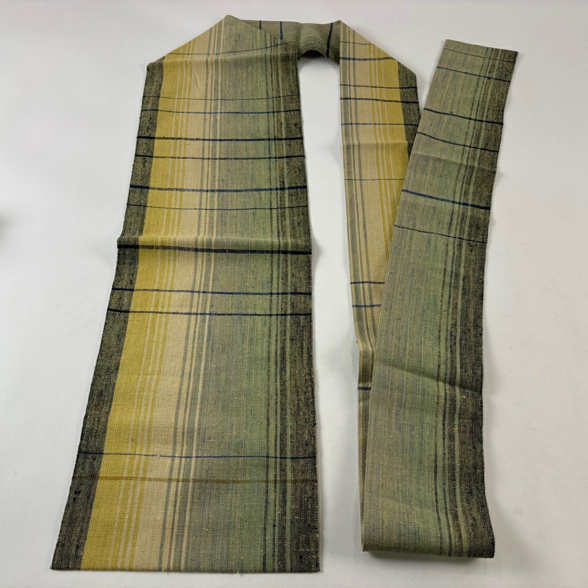 【美品】名古屋帶 秀品級 條紋 灰綠 純蠶絲