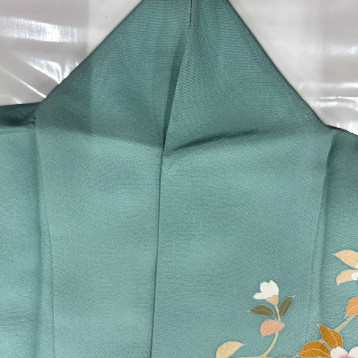 訪問服 身長157.5cm 袖長63.5cm S 雙層 落款 草花紋紋 枝花 漸層 薄綠 純蠶絲 秀品級
