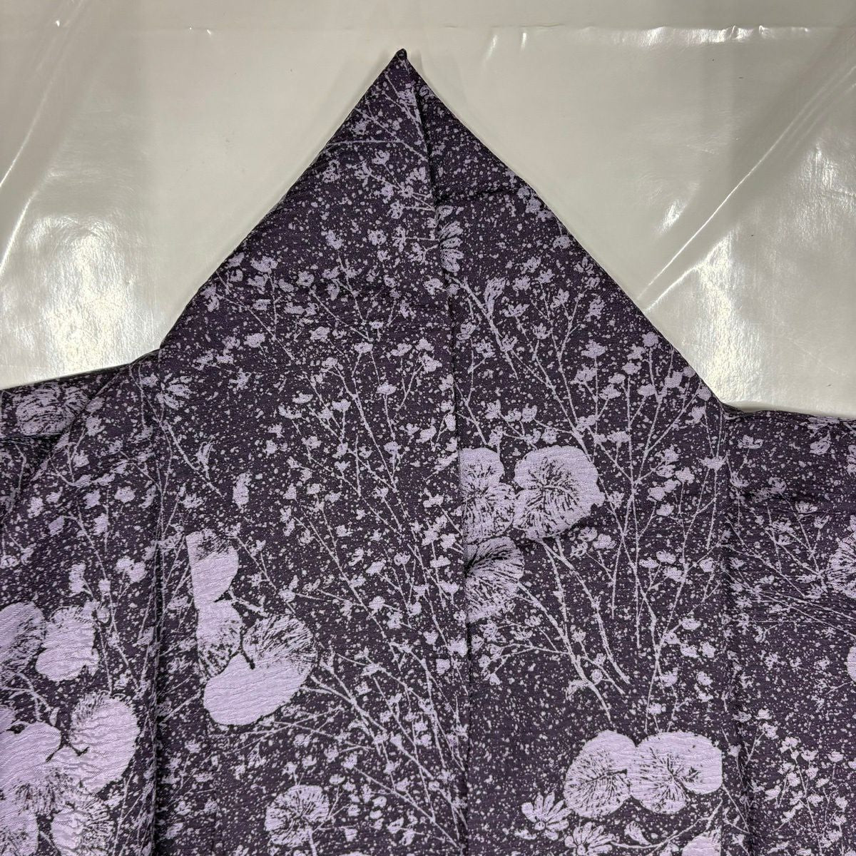 【美品】 小紋 身長156cm 袖長67.5cm L 雙層 葉 紫 純蠶絲 秀品級