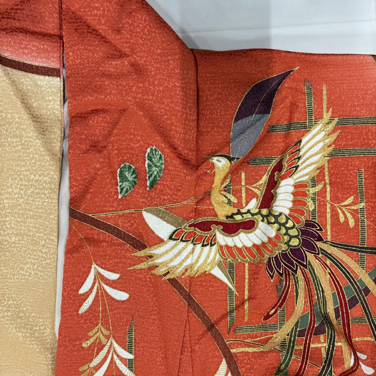 【美品】振袖禮服 身長163cm 袖長64cm M 雙層 尾長鳥 桐 金銀彩 染分 鮭粉色 純蠶絲 秀品級