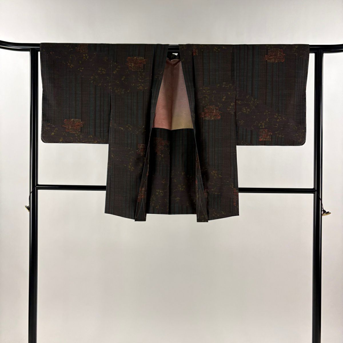 【美品】 紬織 身長159cm 袖長62cm S 雙層 套裝 縞花唐草紋 焦茶 純蠶絲 秀品級