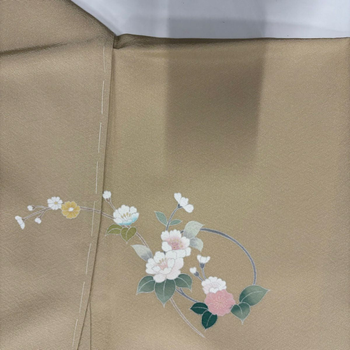 【美品】 付下 身長160cm 袖長64cm M 雙層 落款 草花紋 紋 流水 染分 ぼかし 米色 純蠶絲 秀品級