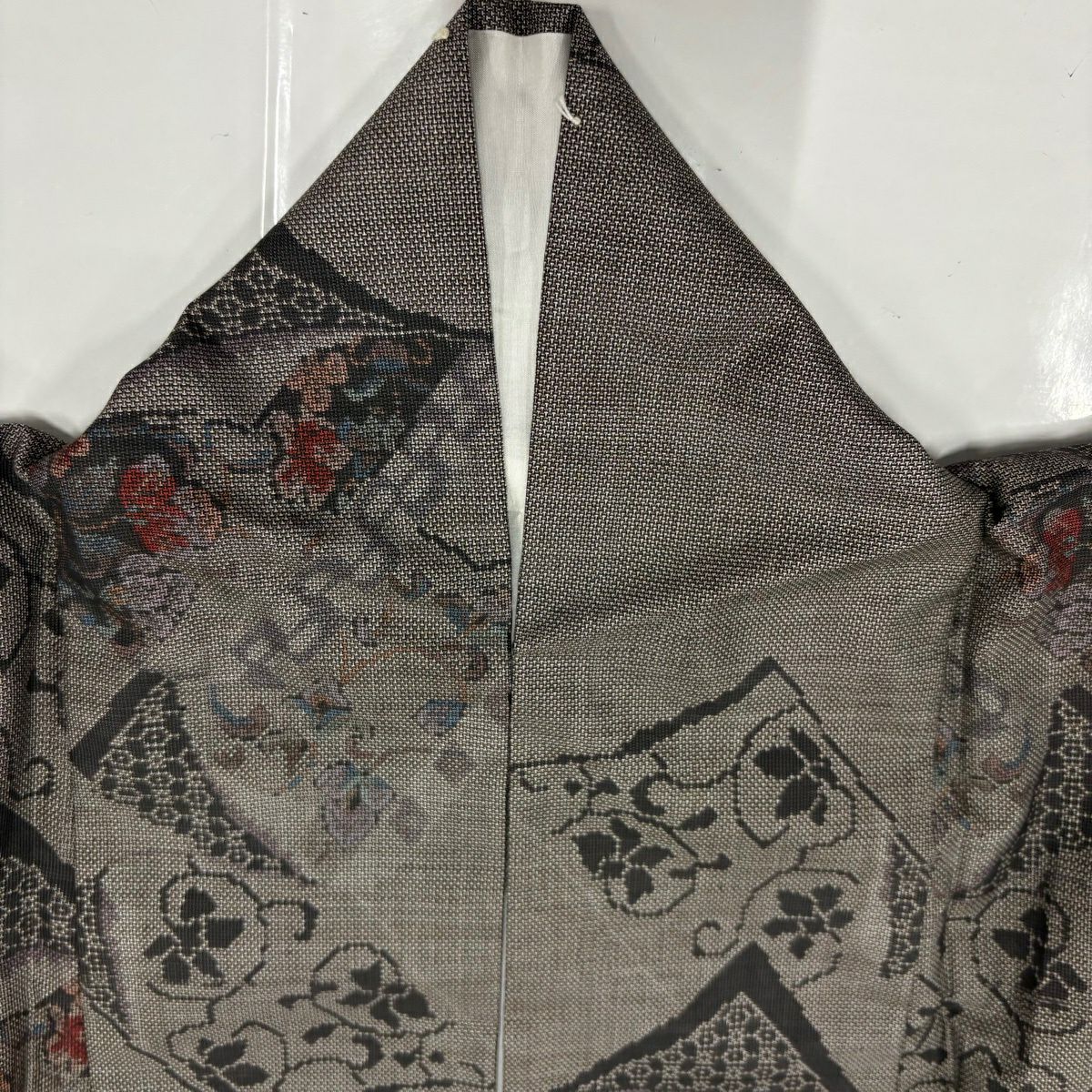 【美品】 紬織織 身長162cm 袖長63cm S 雙層 冊子 草花紋紋 焦茶 純蠶絲 秀品級