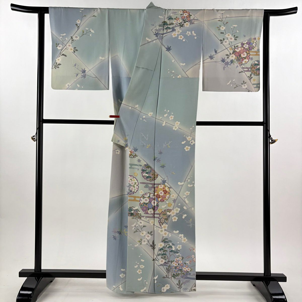 訪問服 身長161cm 袖長65cm M 雙層 春水 落款有 雪輪 草花紋紋 漸層 水色 純蠶絲 逸品級