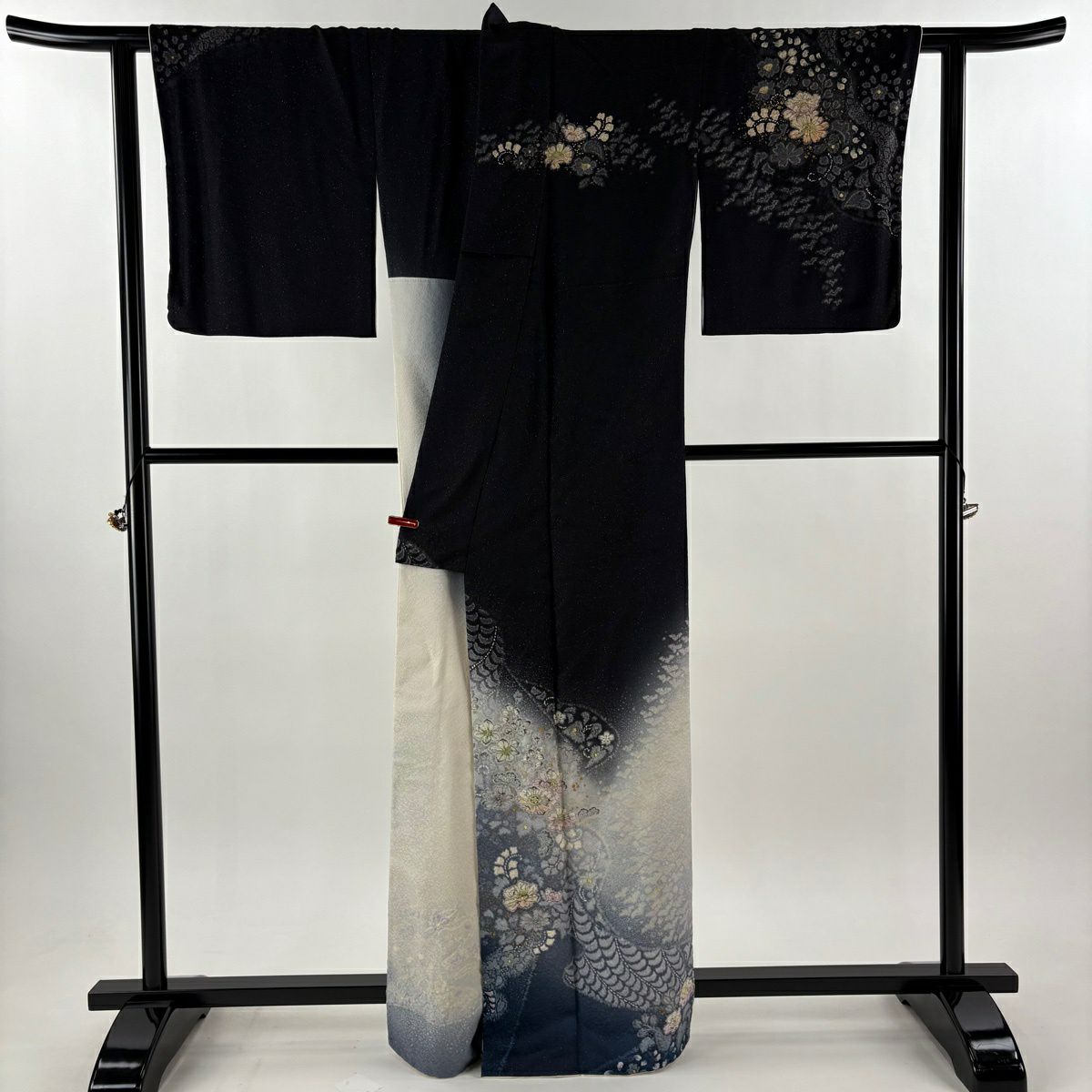 訪問服 身長163.5cm 袖長66cm M 雙層 吉乃一廉 落款あり 辻花染 流水 金銀彩 漸層 黑 純蠶絲 逸品級