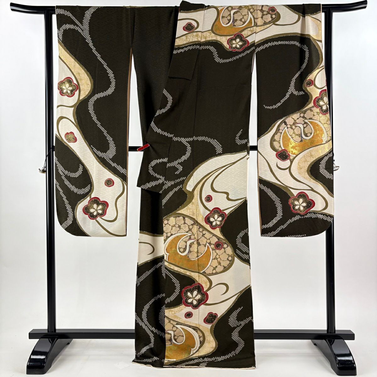 【美品】振袖禮服 身長169.5cm 袖長68cm L 雙層 仙鶴 梅花 金通し 金銀彩 焦茶 純蠶絲 逸品級