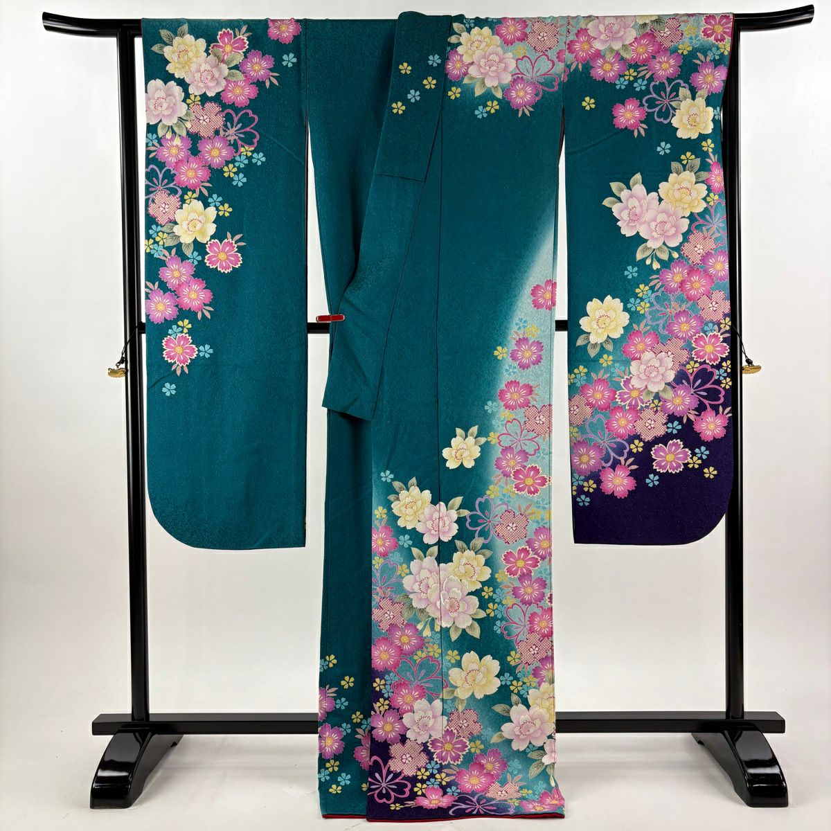 【美品】振袖禮服 身長175.5cm 袖長69.5cm L 雙層 草花紋紋 金銀彩 刺繡 綠 純蠶絲 逸品級