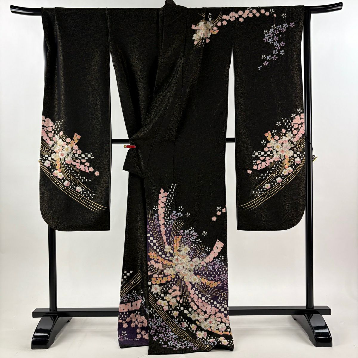 【美品】振袖禮服 身長174.5cm 袖長69cm L 雙層 徳永憲峯 落款あり 辻花染 金通し 金銀彩 黑 純蠶絲 逸品級