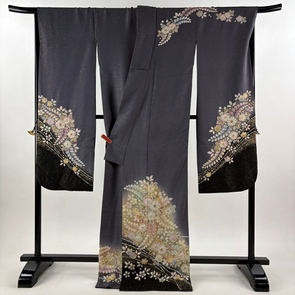 【美品】振袖禮服 身長172.5cm 袖長69.5cm L 雙層 德永憲峯 落款あり 辻花染 金通し 金銀彩 灰色 純蠶絲 逸品級
