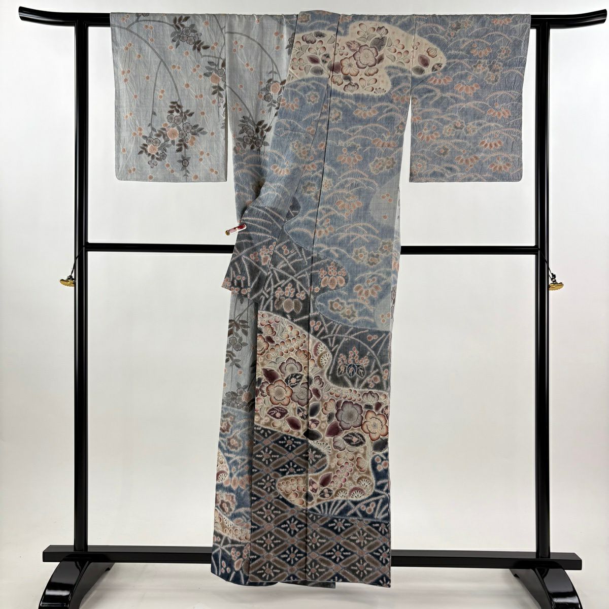【美品】訪問服 身長160cm 袖長63cm S 雙層 京屋林藏 紬織織 落款あり 辻花染 霞 染分 ぼかし 青灰 純蠶絲 逸品級
