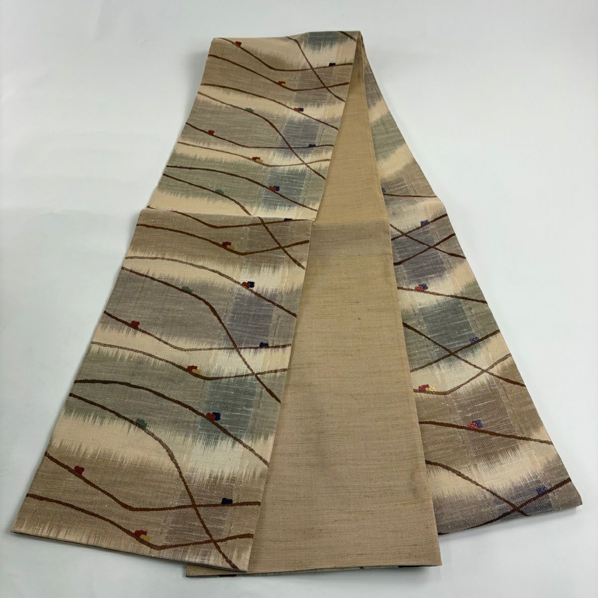 【美品】 袋帶 秀品級 幾何圖案 刺繡 薄茶 六通 純蠶絲
