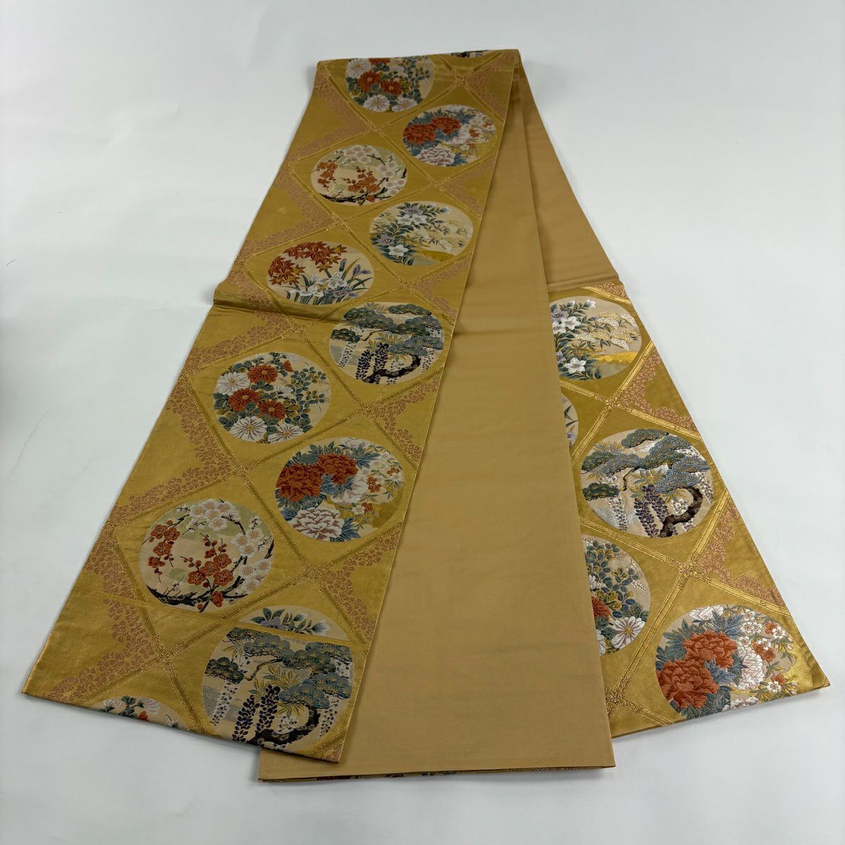 【美品】 袋帶 秀品級 四季草花紋紋 枝梅花 金絲 金金箔 黃土 深色 六通 純蠶絲