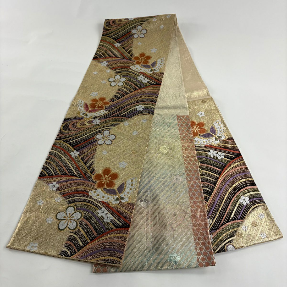 【美品】 袋帶 秀品級 梅花 蝶 金絲 金金箔 金色 六通 純蠶絲