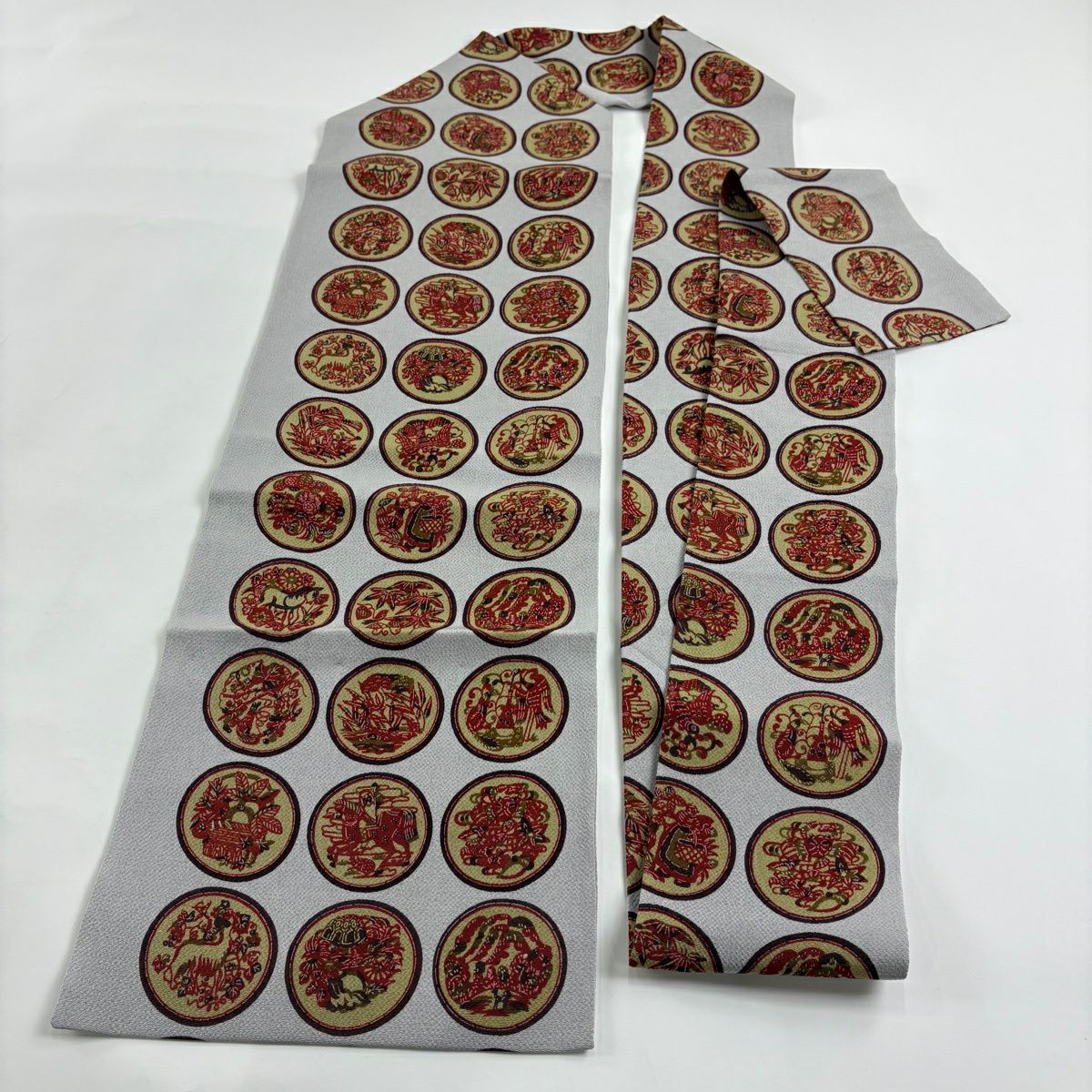 【美品】 名古屋帶 秀品級 圓文 草花紋紋 絞織 灰色 純蠶絲