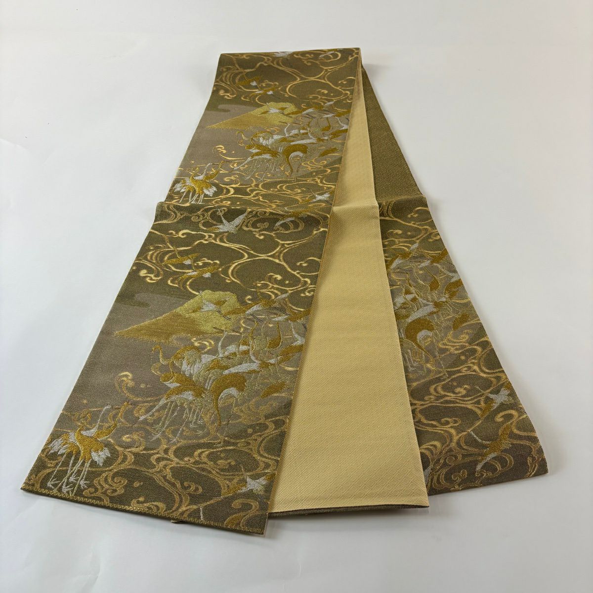 【美品】 袋帶 秀品級 群仙鶴圖 流水 金絲 金金箔 金色 六通 純蠶絲