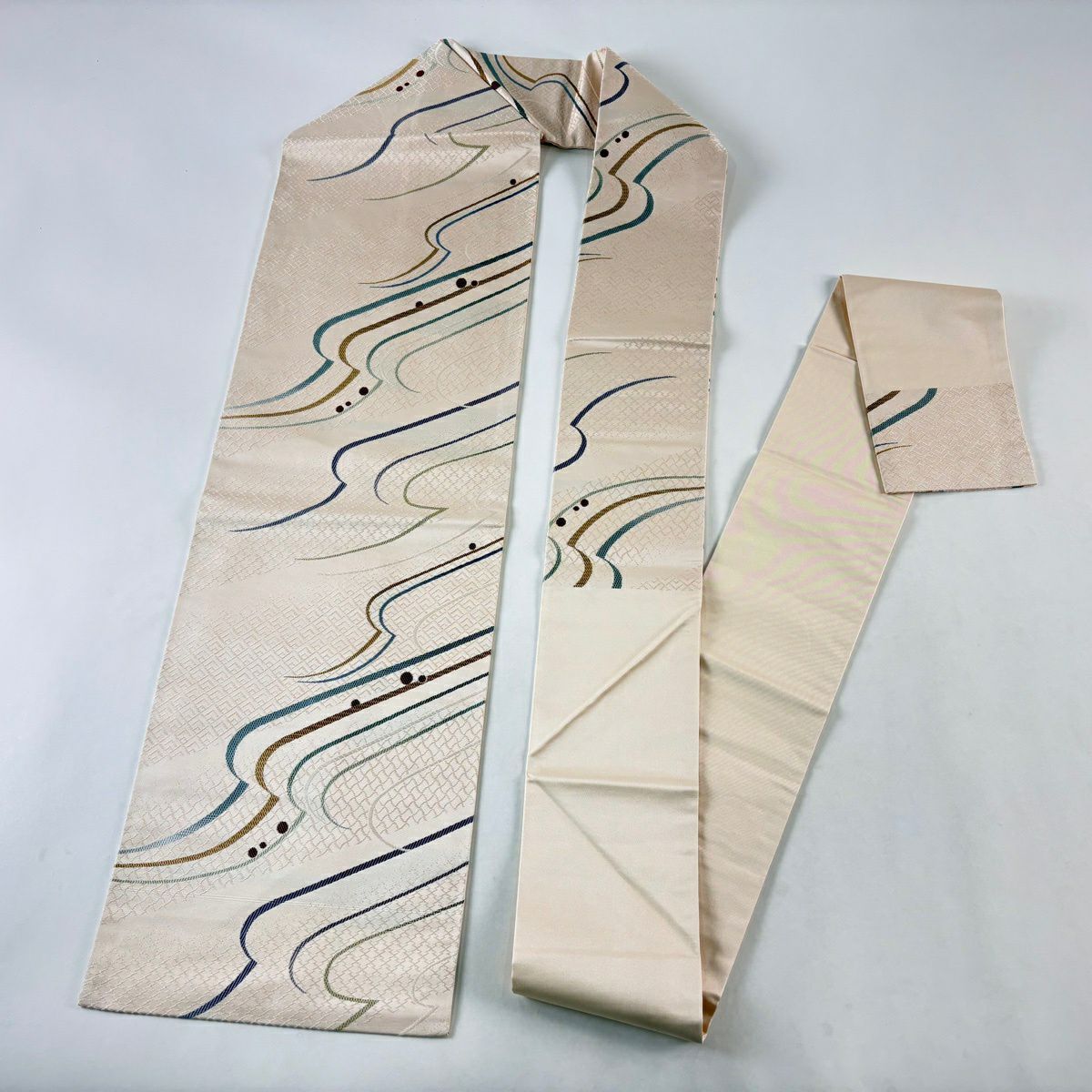 【美品】名古屋帶 秀品級 幾何圖案 松樹皮菱 奶油色 純蠶絲