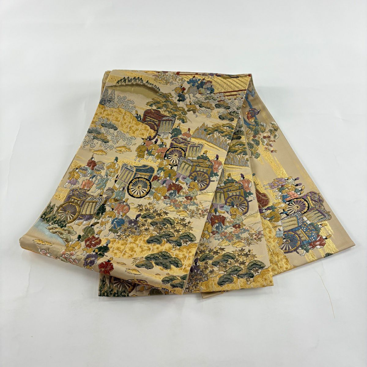 【美品】 袋帶 秀品級 御所車 人物 金絲 金金箔 淺茶 細鼓圖案 純蠶絲