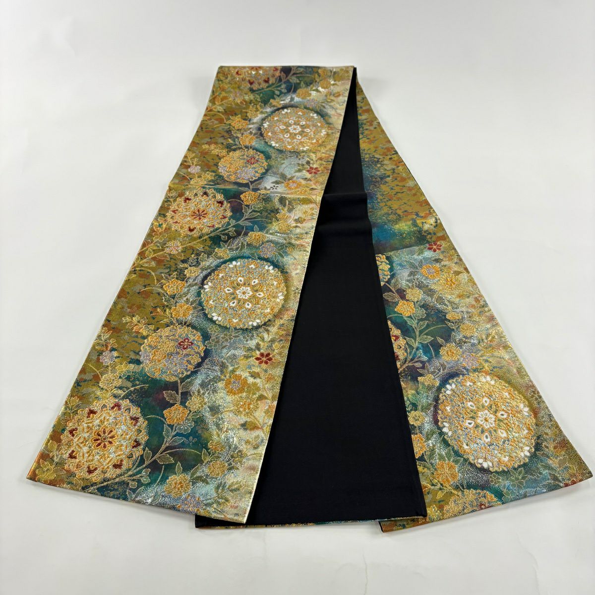 【美品】 袋帶 秀品級 華紋 草花紋 金糸 金金箔 青綠 六通 純蠶絲