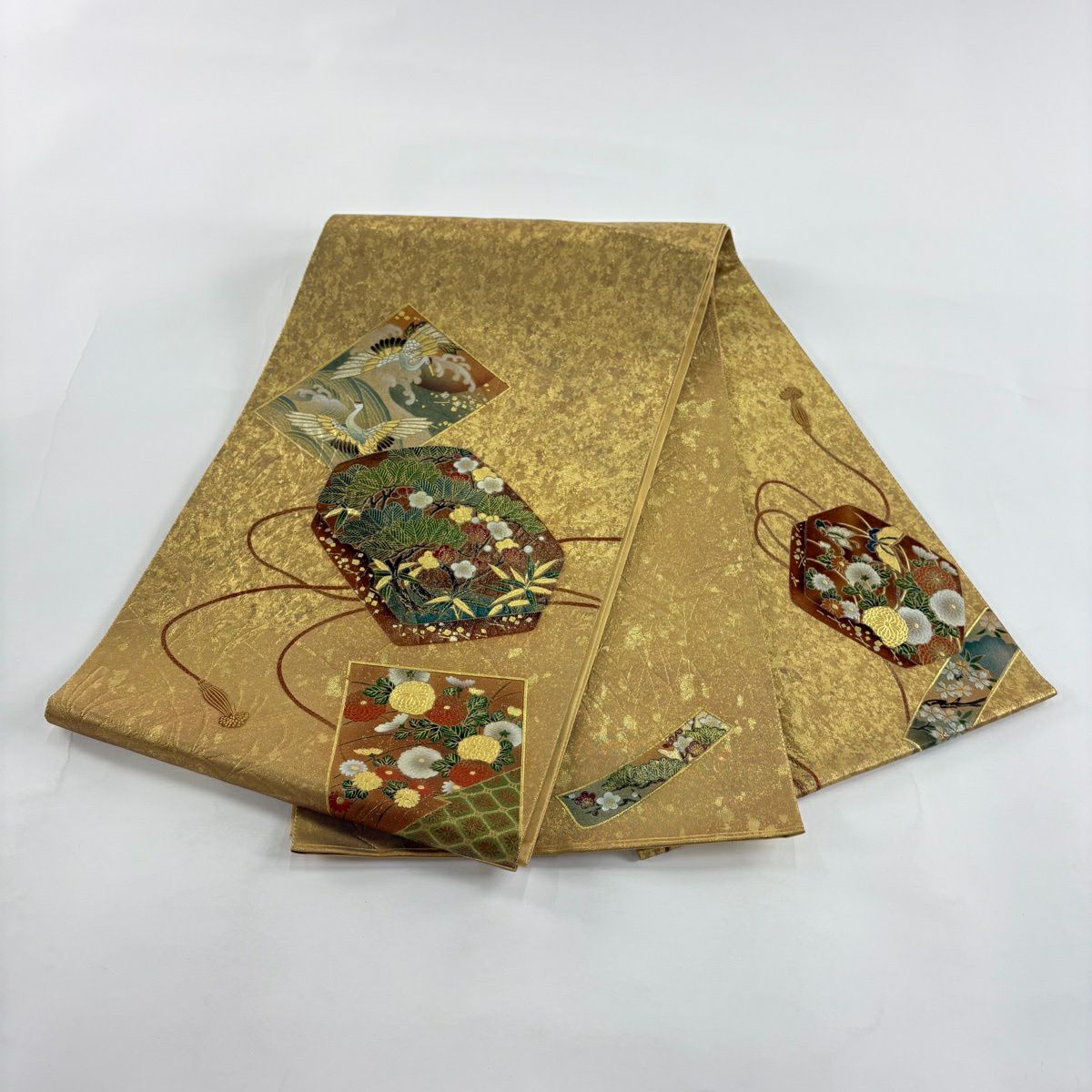 袋帶 秀品級 附落款 文箱 松樹竹子梅花 金銀彩 金色 大鼓圖案 純蠶絲