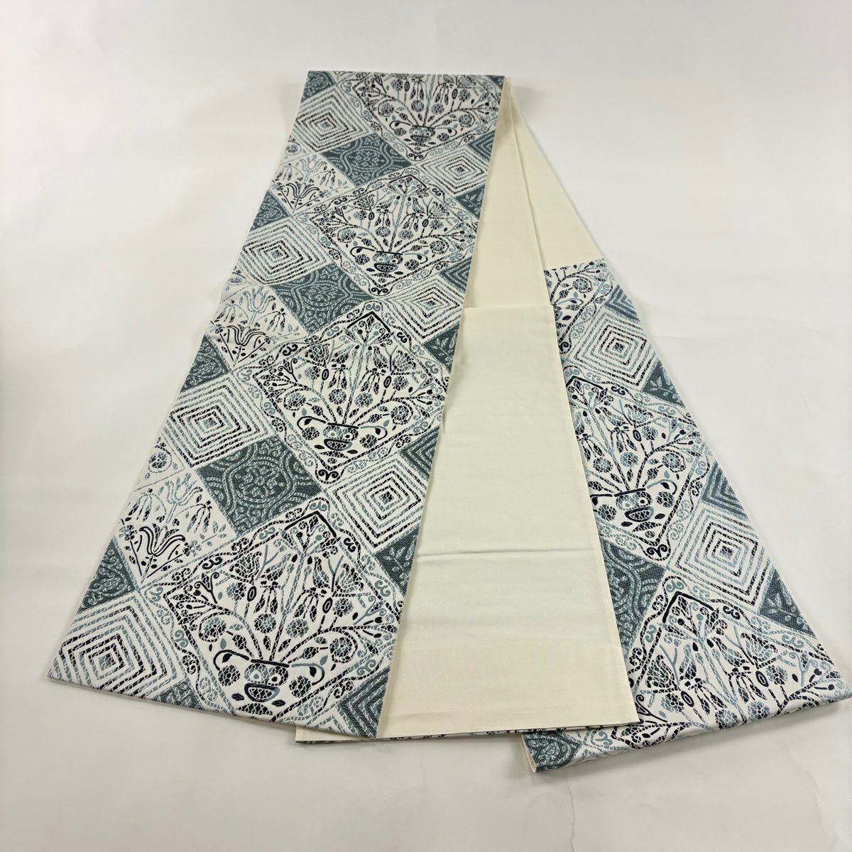 袋帶 秀品級 花器 菱形 刺繡 青灰 六通 純蠶絲